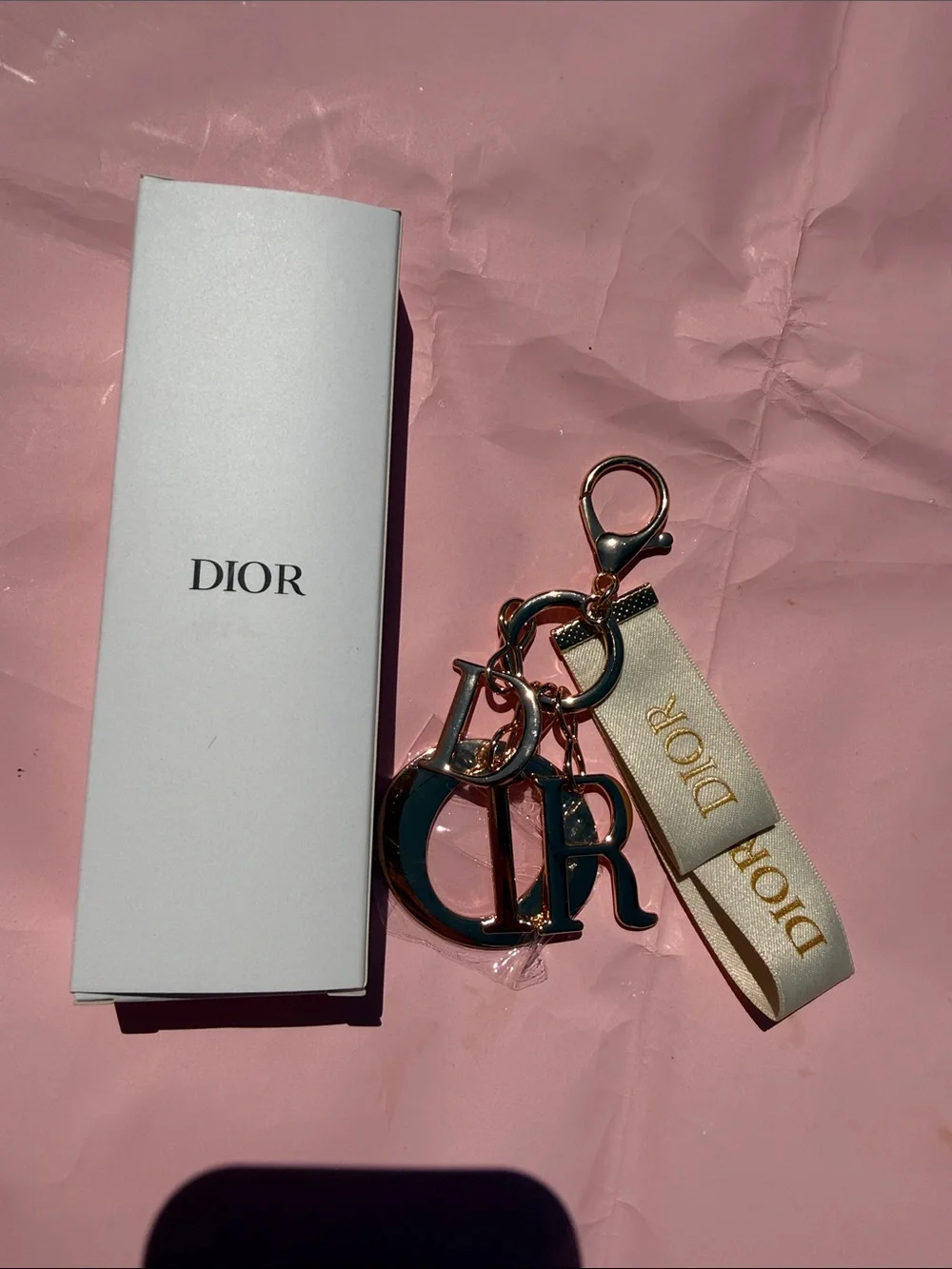 DIOR keychain Gold & Cream Logo Keychain with Ribbon new in box